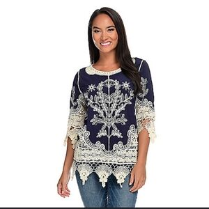 Pinky Blouse Size 3X Blue With White Crochet Detail